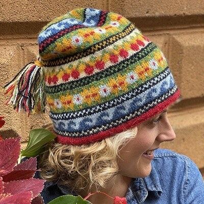 Cheery Cherry Cap kit, Cheery Cherry Cap, hat kit, cap kit, knit hat kit, knit hat, Fair Isle hat kit, Fair Isle hat, colorful hat, Jamieson's of Shetland Spindrift, Spindrift, Shetland Wool, Michigan Fiber Festival Hat 2021, MFF 2021