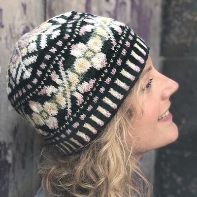 Dogwood Hat kit, Dogwood Hat, hat kit, cap kit, knit hat kit, knit hat, Fair Isle hat kit, Fair Isle hat, colorful hat, Jamieson's of Shetland Spindrift, Spindrift, Shetland Wool, Dog Rose motif