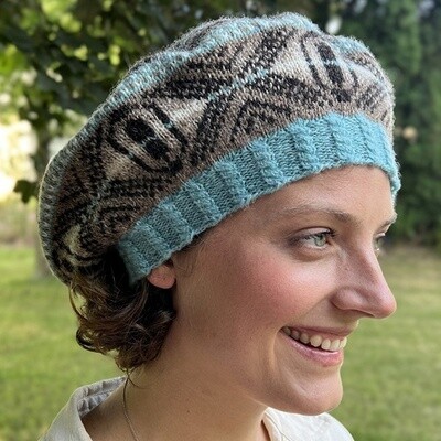 Shuttles and Wheels Beret or Slouch kit, Shuttles and Wheels Beret or Slouch, hat kit, beret kit, knit hat kit, slouchy hat kit, knit hat, Fair Isle hat kit, Fair Isle hat, colorful hat, Jamieson's of Shetland Spindrift, Spindrift, Shetland Wool, Michigan Fiber Festival 2022, MFF 2022