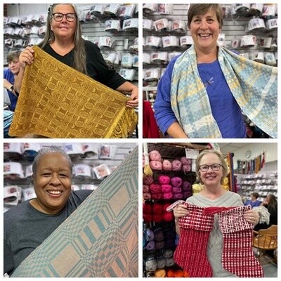 Jane Stafford Weaving School Support Group, four images of happy weavers holding their woven items