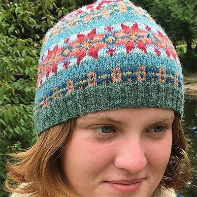 Diamond Rose Fair Isle Hat kit, Diamond Rose Fair Isle Hat, hat kit, cap kit, knit hat kit, knit hat, Fair Isle hat kit, Fair Isle hat, colorful hat, Jamieson's of Shetland Spindrift, Spindrift, Shetland Wool