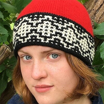 Mosaic Diamonds Hat kit, Mosaic Diamonds Hat , hat kit, cap kit, knit hat kit, knit hat, mosaic hat kit, mosaic hat, colorful hat, red yarn, black yarn, white yarn, diamond pattern