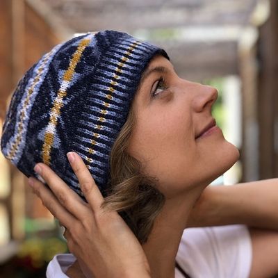 Blue Archipelago Cap, Blue hat, archipelago cap, archipelago cap kit, blue archipelago cap kit, hat kit, cap kit, knit hat kit, knit hat, Fair Isle hat kit, Fair Isle hat, colorful hat, Jamieson's of Shetland Spindrift, Spindrift, Shetland Wool