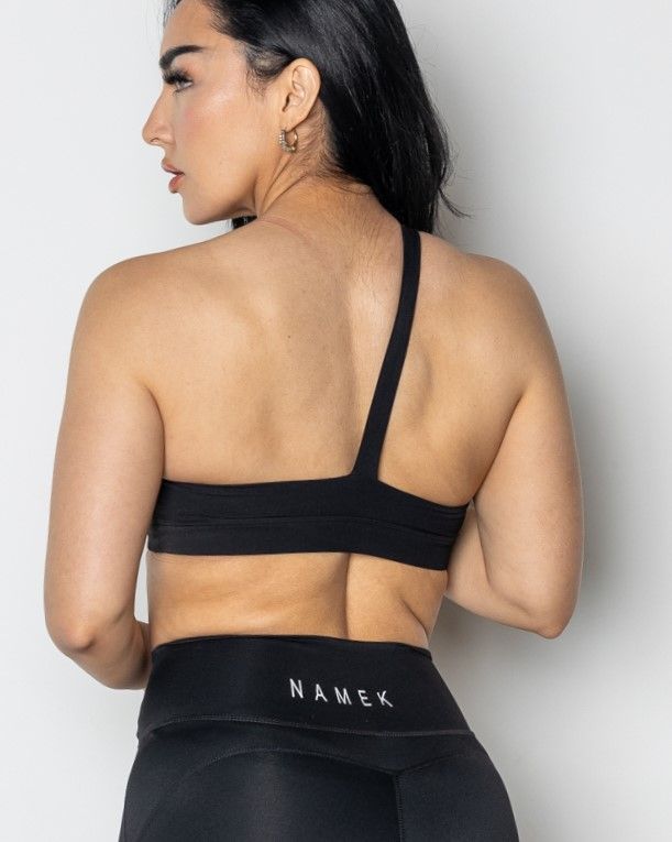 Namek ELEVATED Women&#39;s sexy one shoulder workout Sports Bra Padded Medium Impact Bra -BLACK