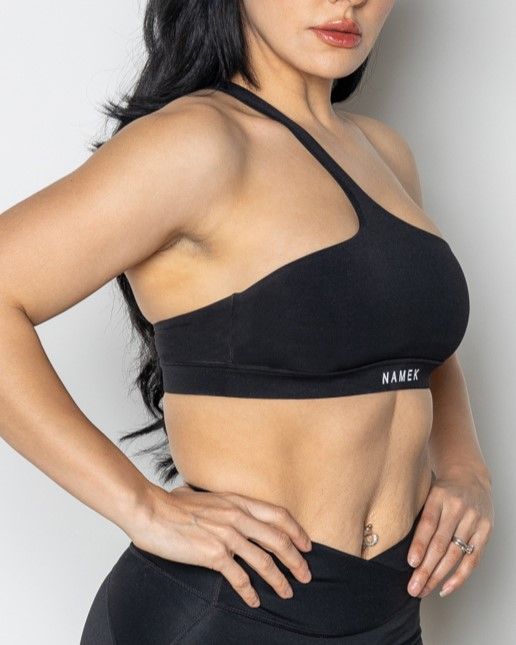 Namek ELEVATED Women&#39;s sexy one shoulder workout Sports Bra Padded Medium Impact Bra -BLACK