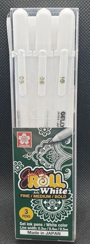 PG0001 White Set of 3 Gelly Roll Pens 0.3mm, 0.4mm, 0.5mm