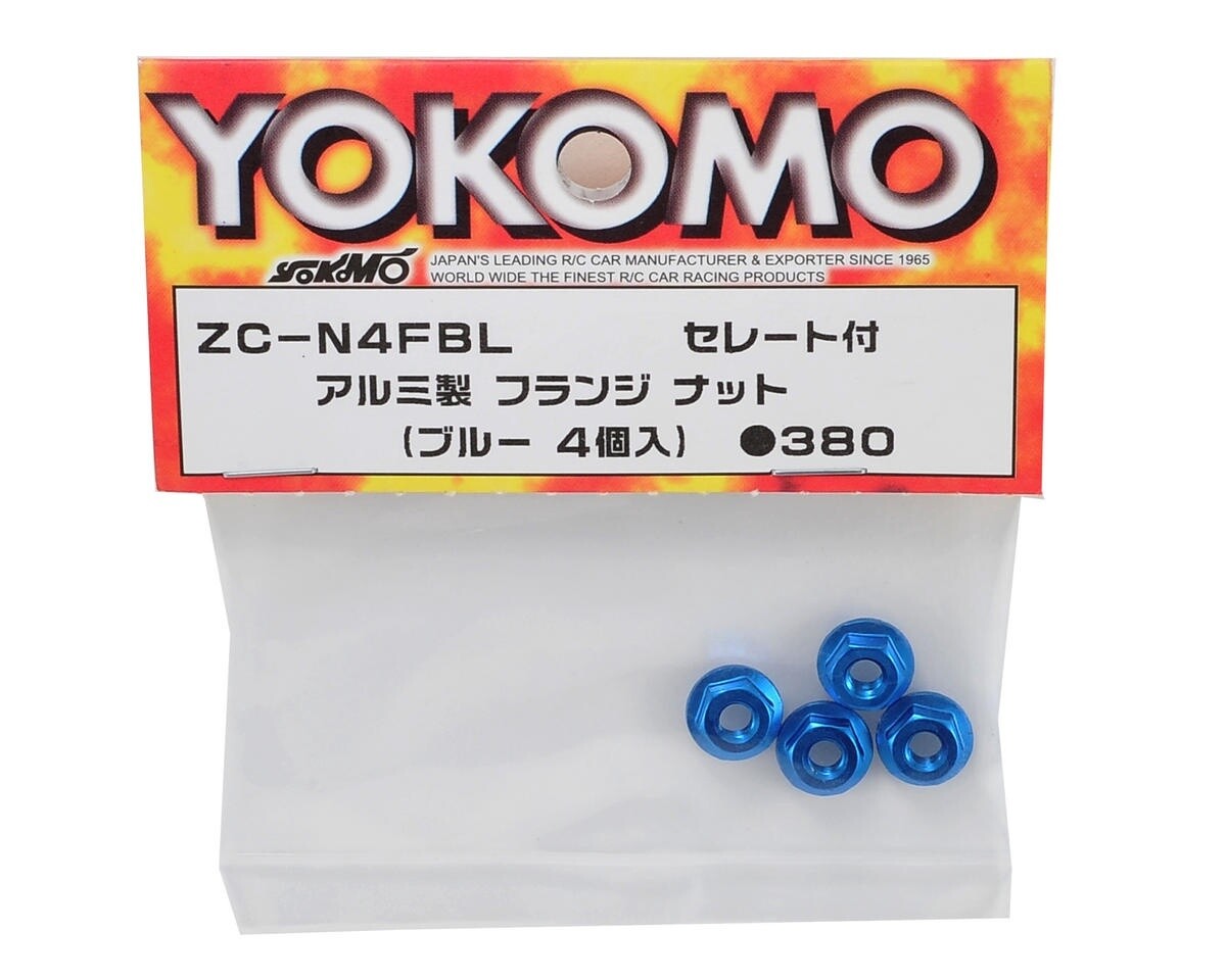 YOKZC-N4FBLA  Yokomo 4mm Aluminum Serrated Flanged Nut (Blue) (4)