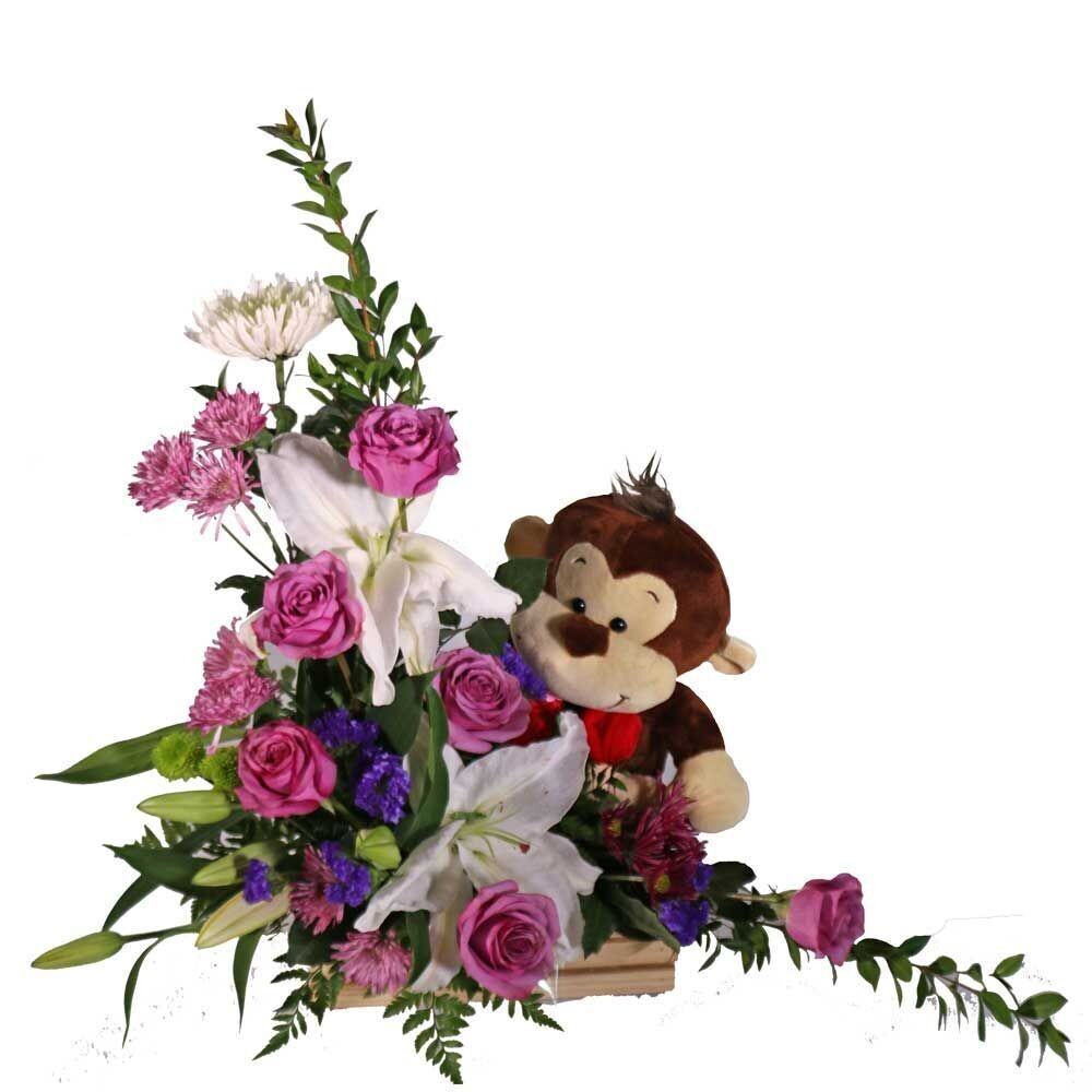 Lavender Roses and Monkey Floral Arrangement