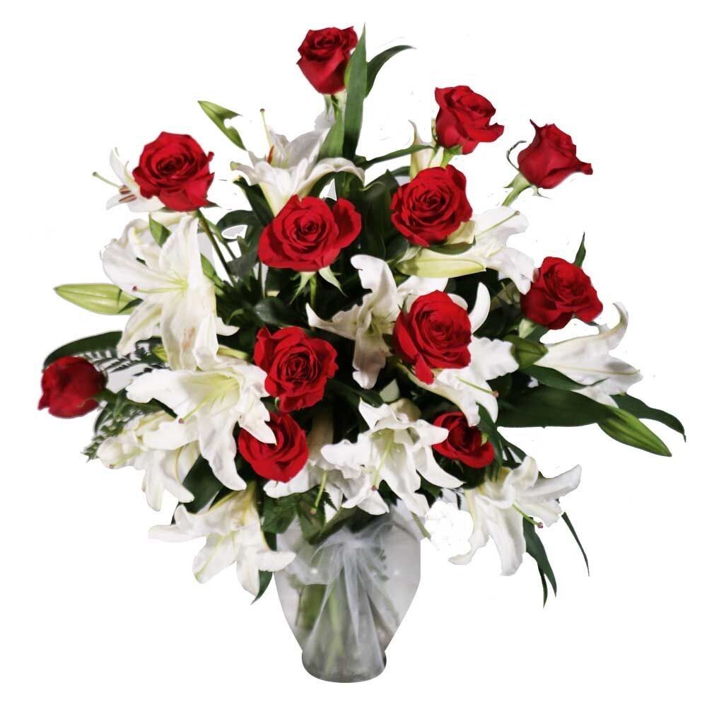 1 Dozen Red Roses with White Lilies 1 Dozen Red Roses with White Lilies