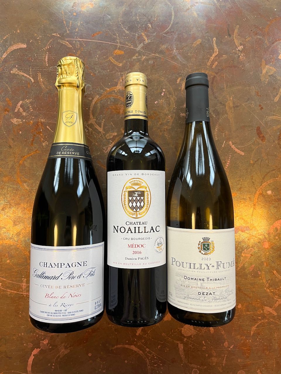 Three Bottle Gift Case - Domaine Thibault Pouilly Fume + Chateau Noaillac Bordeaux + Gallimard Blanc de Noirs Champagne