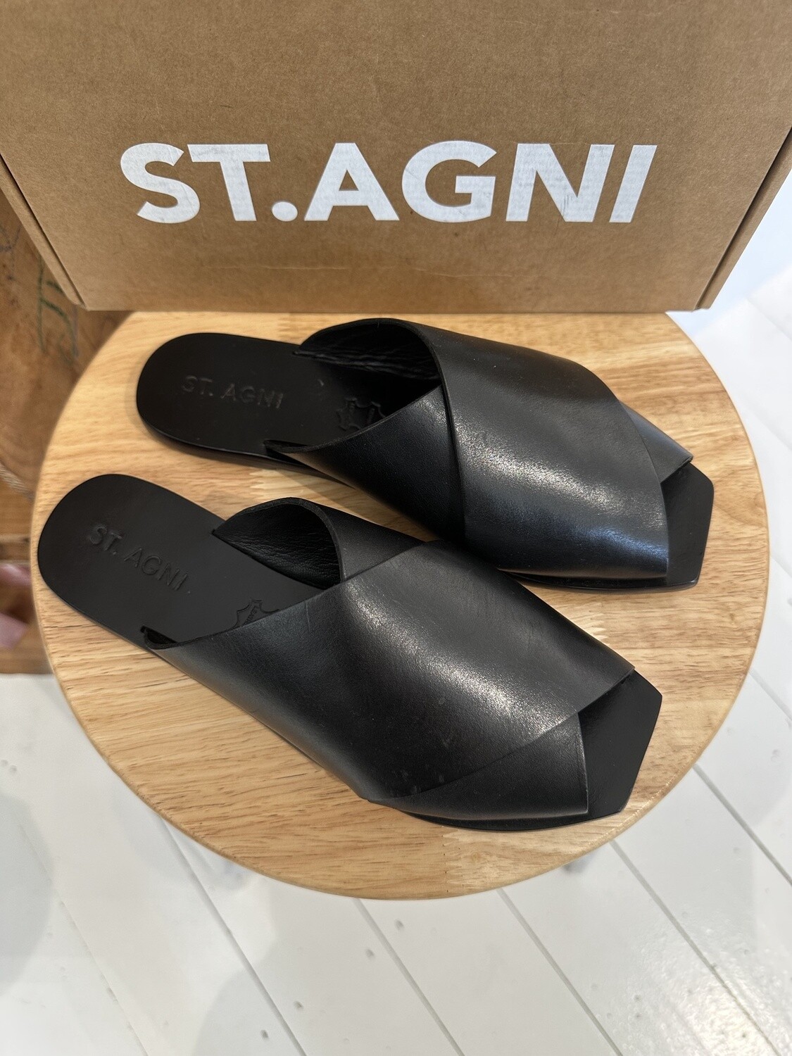 St. Agni Black Leather Slides 37/6