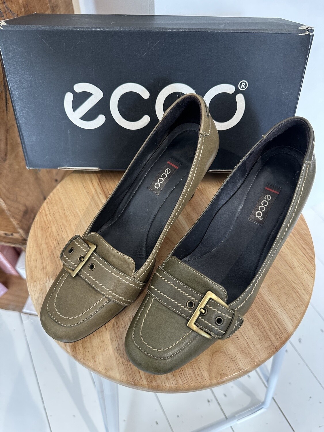 Ecco Khaki Buckle Block Heeled Court Shoe EURO37