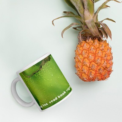 White glossy mug with Green Abstract Design "Sip tea,  read book, repeat" 11oz