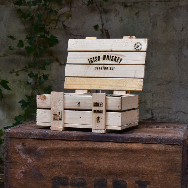 Whiskey Serving Set - 2 Glasses + 2 Coasters in Wooden Gift Box