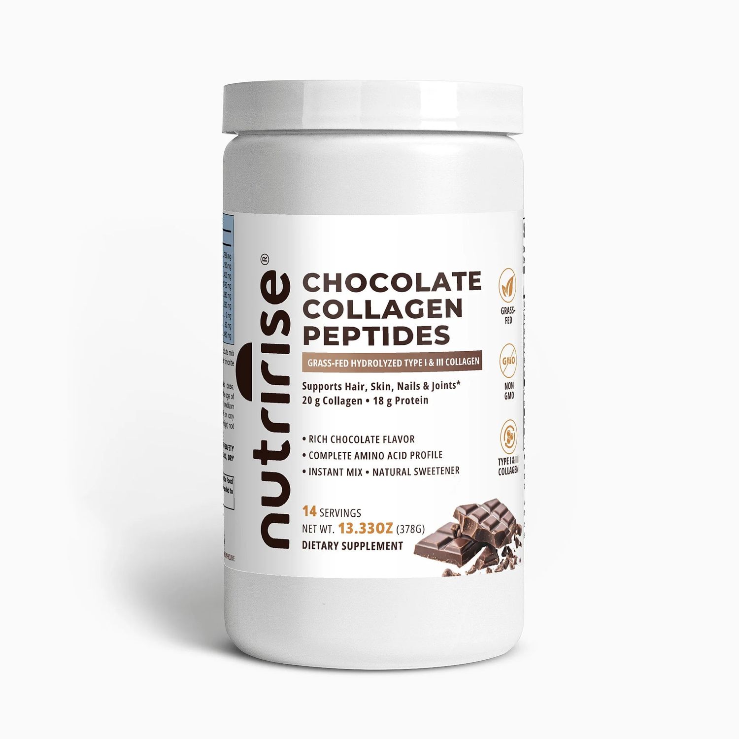 NutriRise Chocolate Collagen Peptides | Grass-Fed Type I &amp; III | 18g Protein + Amino Profile