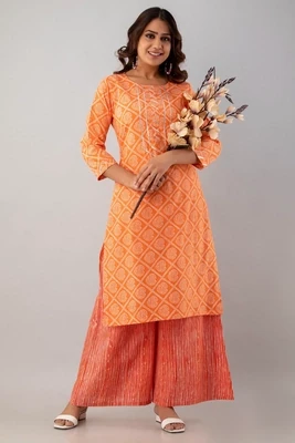 Orange Booti Printed Cotton Sharara Dress