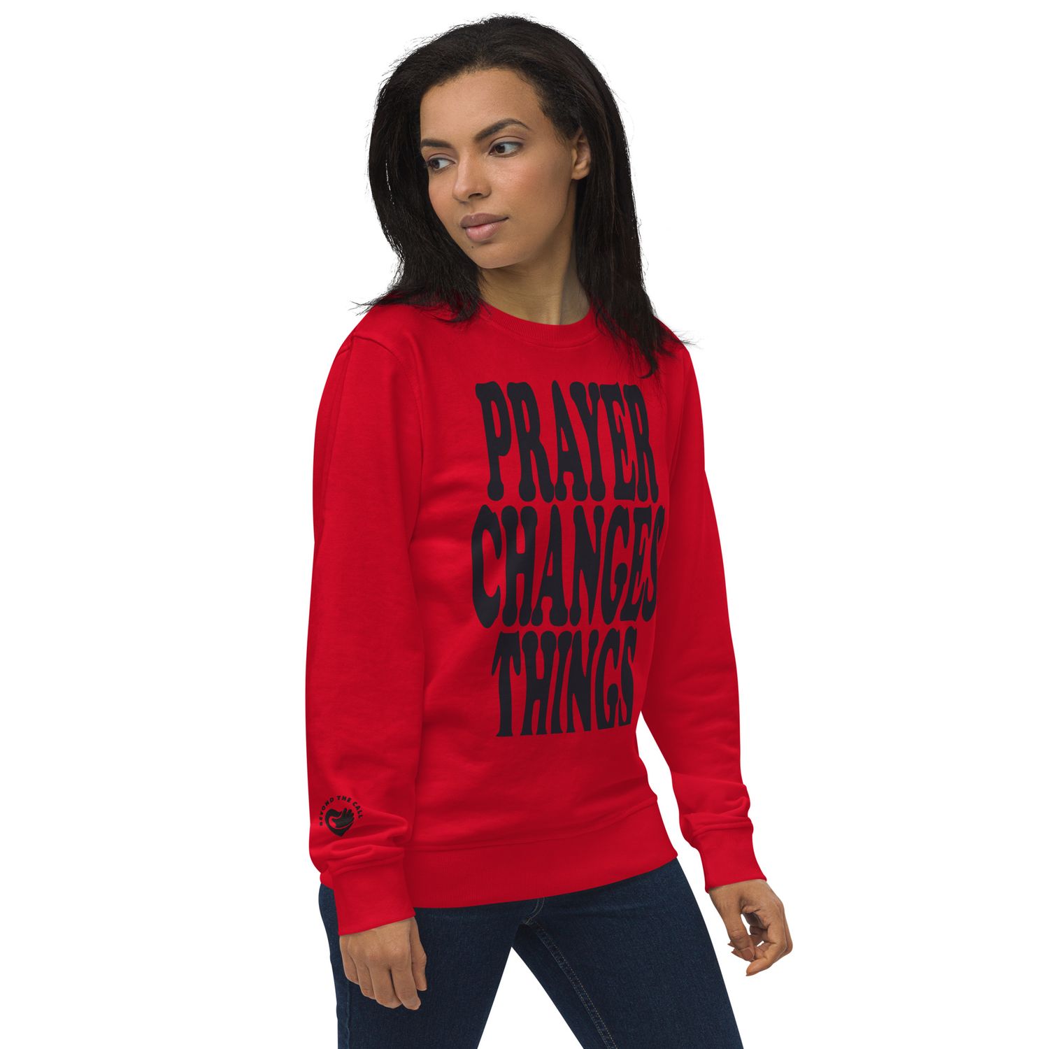 Prayer Changes Things Blk on Red Unisex organic sweatshirt