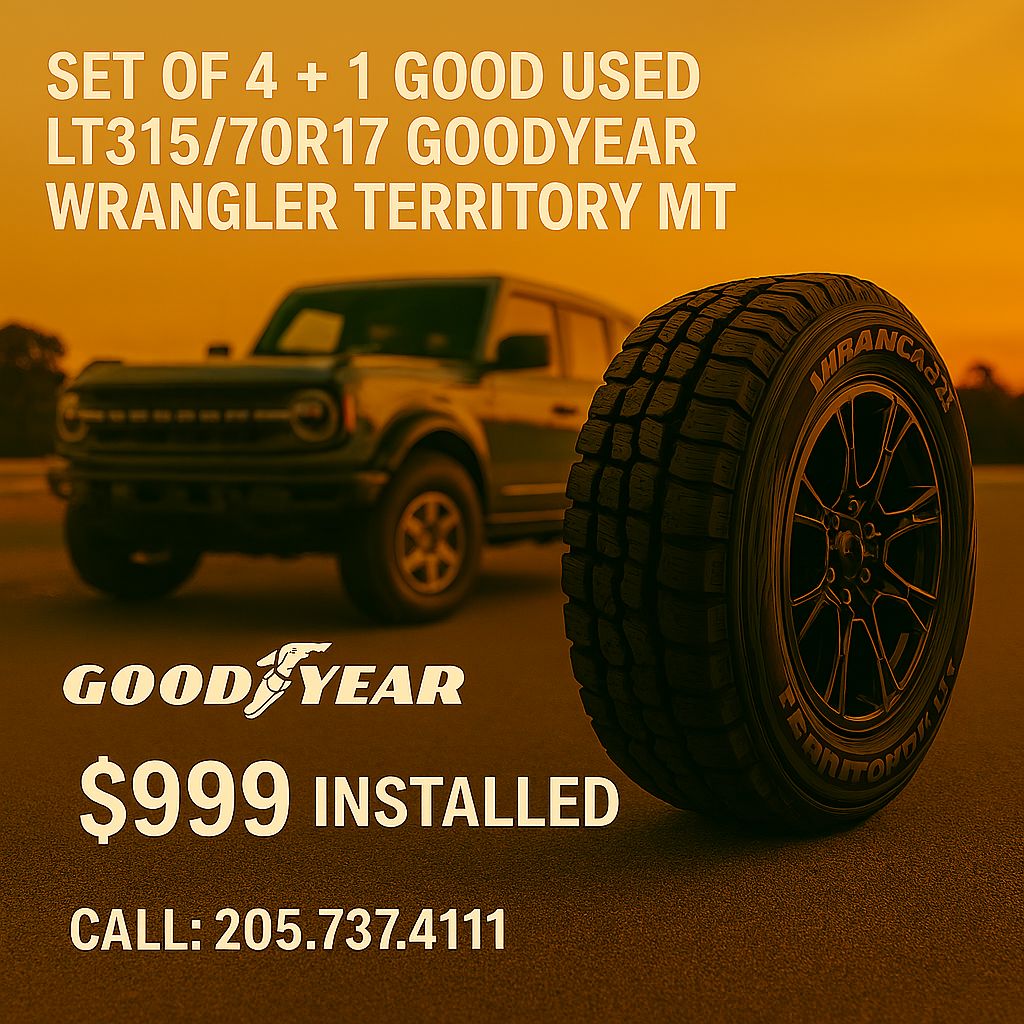 SET OF 4 + 1 GOOD USED LT 3157017 GOODYEAR WRANGLER TERRITORY MT 113/110S