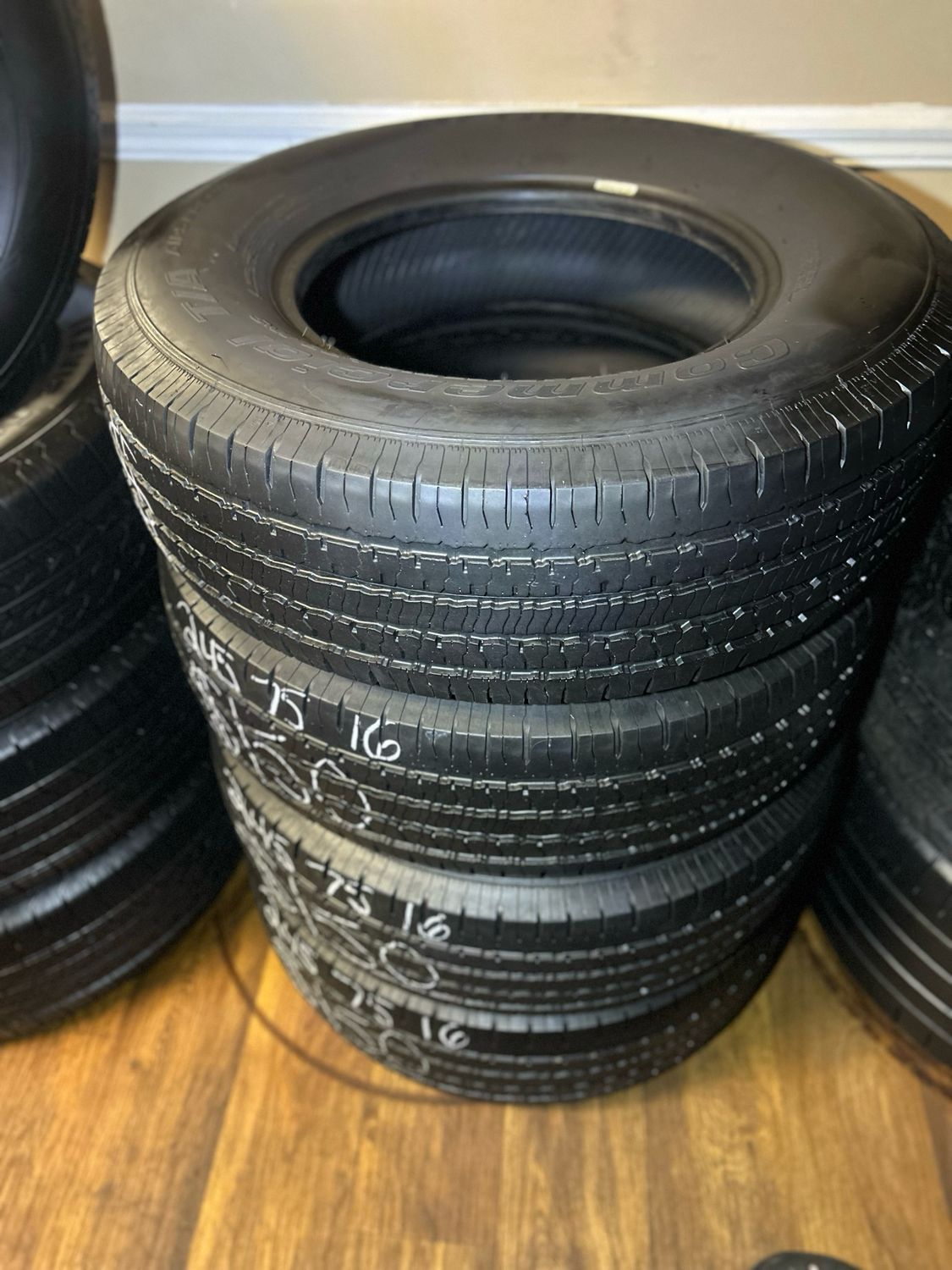 1 SET OF USED HIGH TREAD LT 2457516 BFGOODRICH COMMERCIAL T/A ALL SEASON