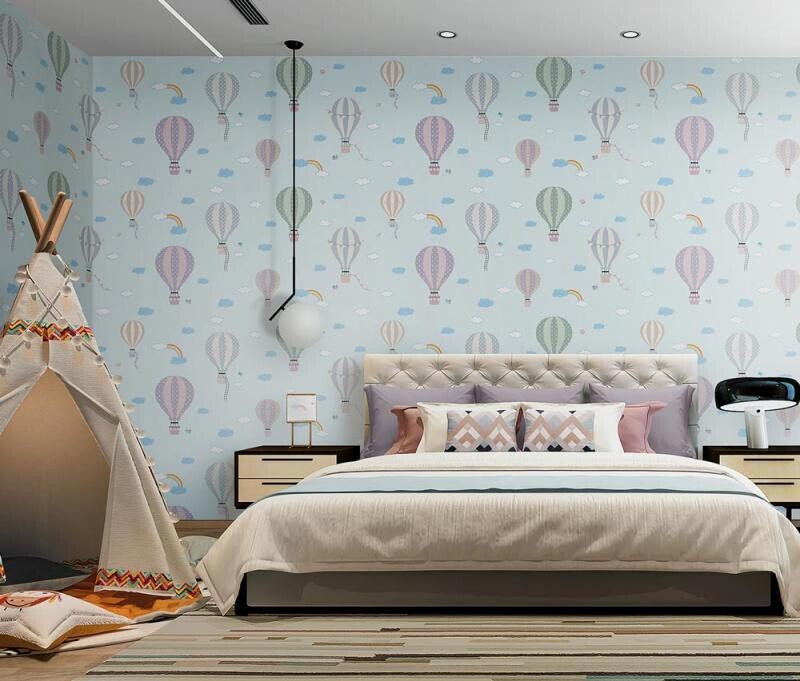 Flying balloons in the sky with clouds and rainbows wallpaper