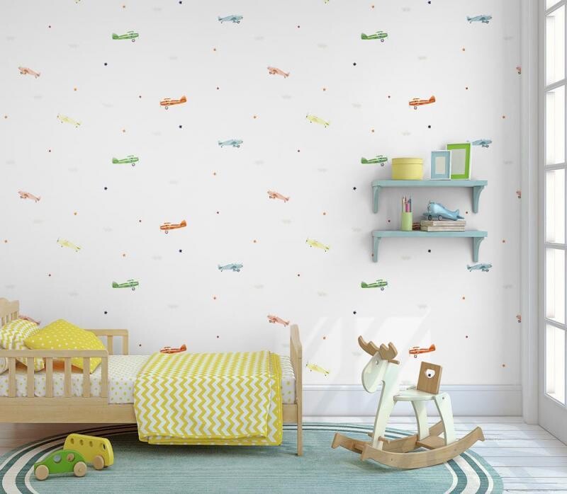 Wallpaper with planes in the sky, stars and clouds