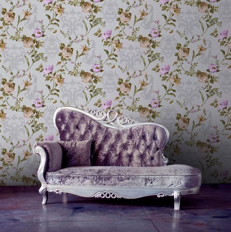 Floral damask with blooming roses ornament wallpaper