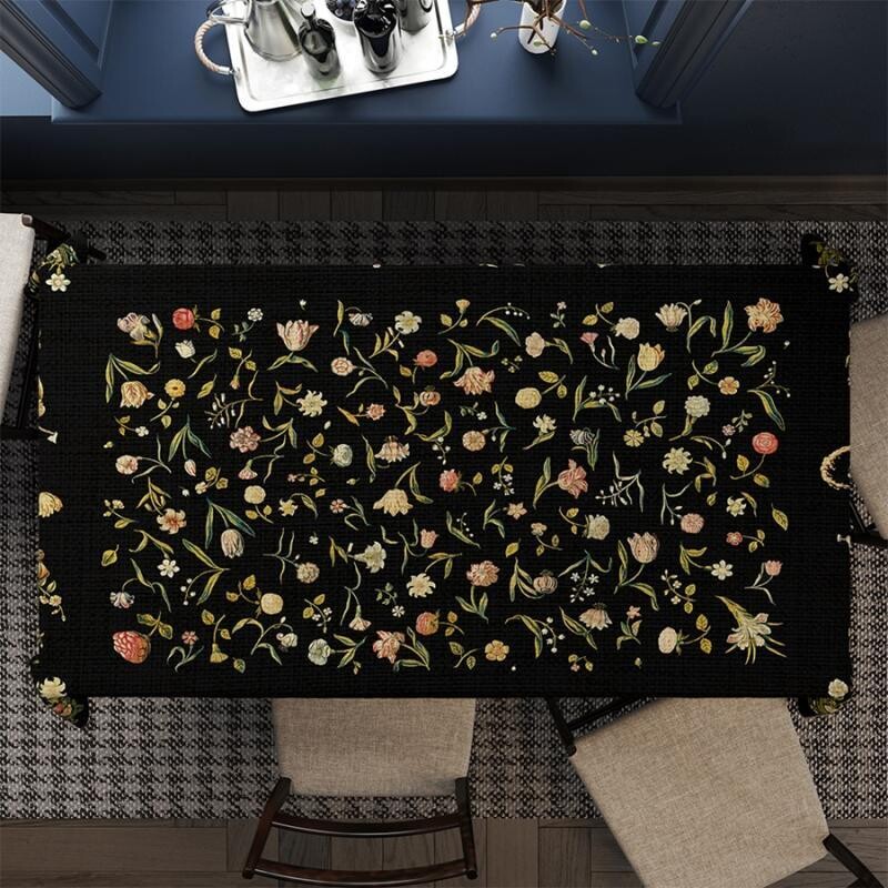 Black Flowers  Table Cloth