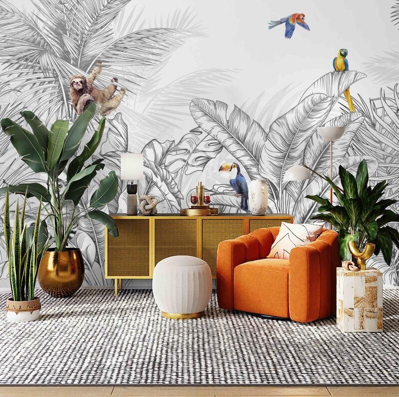Animals And Palm Leaves Pattern Mural Wallpaper