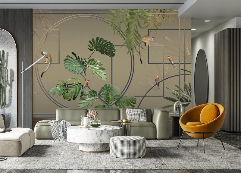 Birds and Monkey Design Mural Wallpaper
