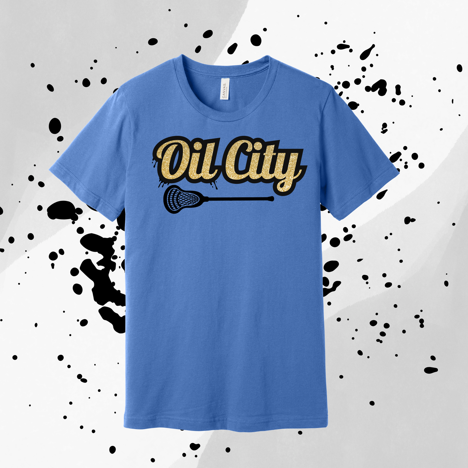 Adult Glitter logo with lacrosse stick T-Shirt