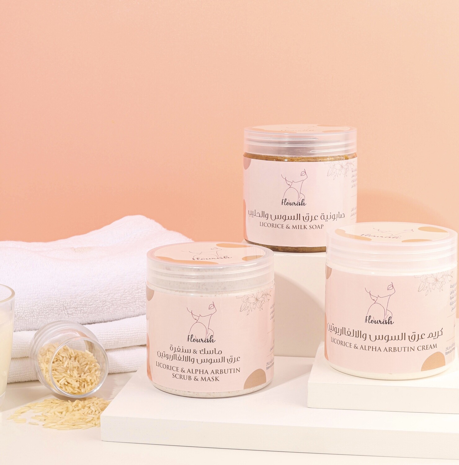 Flourish Body Licorice &amp; Alpha Arbutin Cream, Milk Soap &amp; Scrub Set