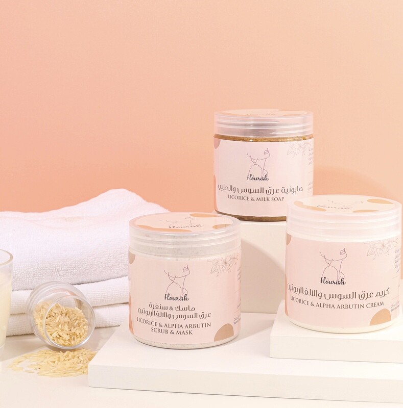 Flourish Body Licorice &amp; Alpha Arbutin Cream, Milk Soap &amp; Scrub Set