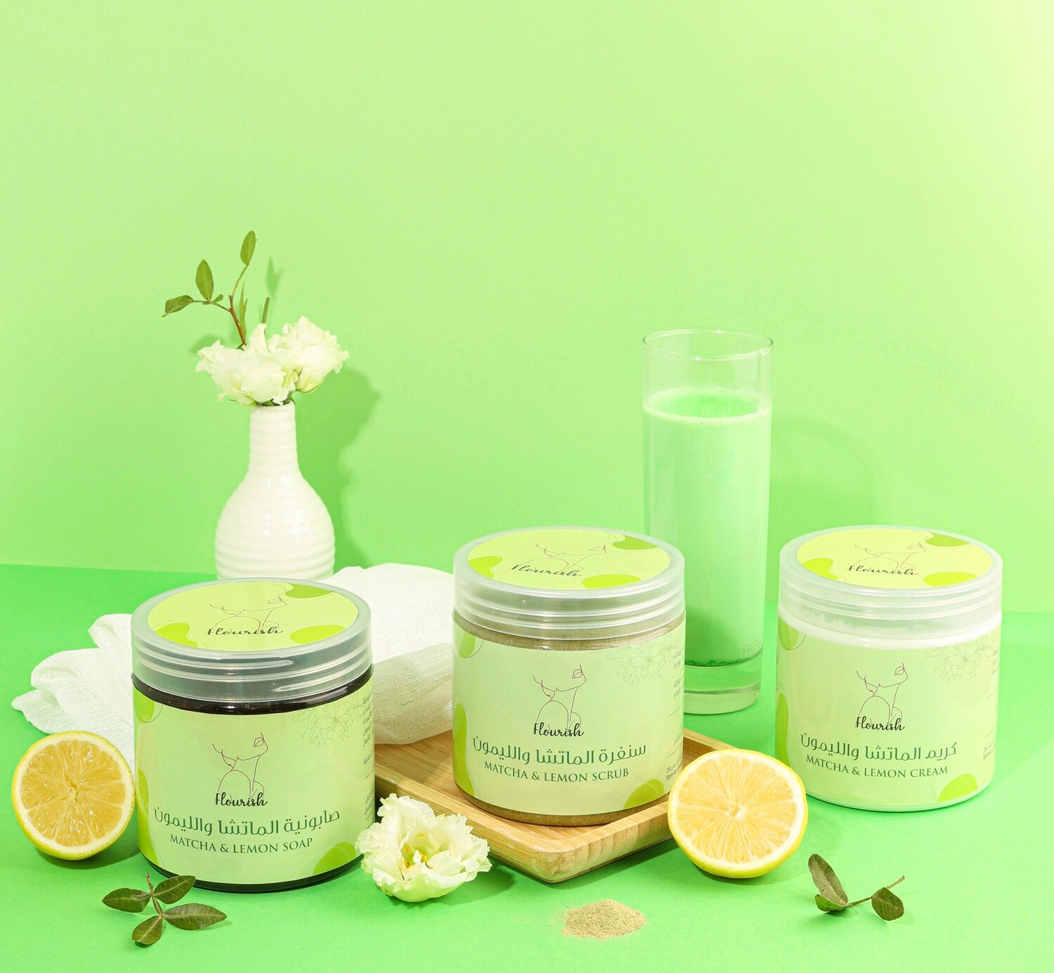 Flourish Body Lemon &amp; Macha Cream, Soap &amp; Scrub Set