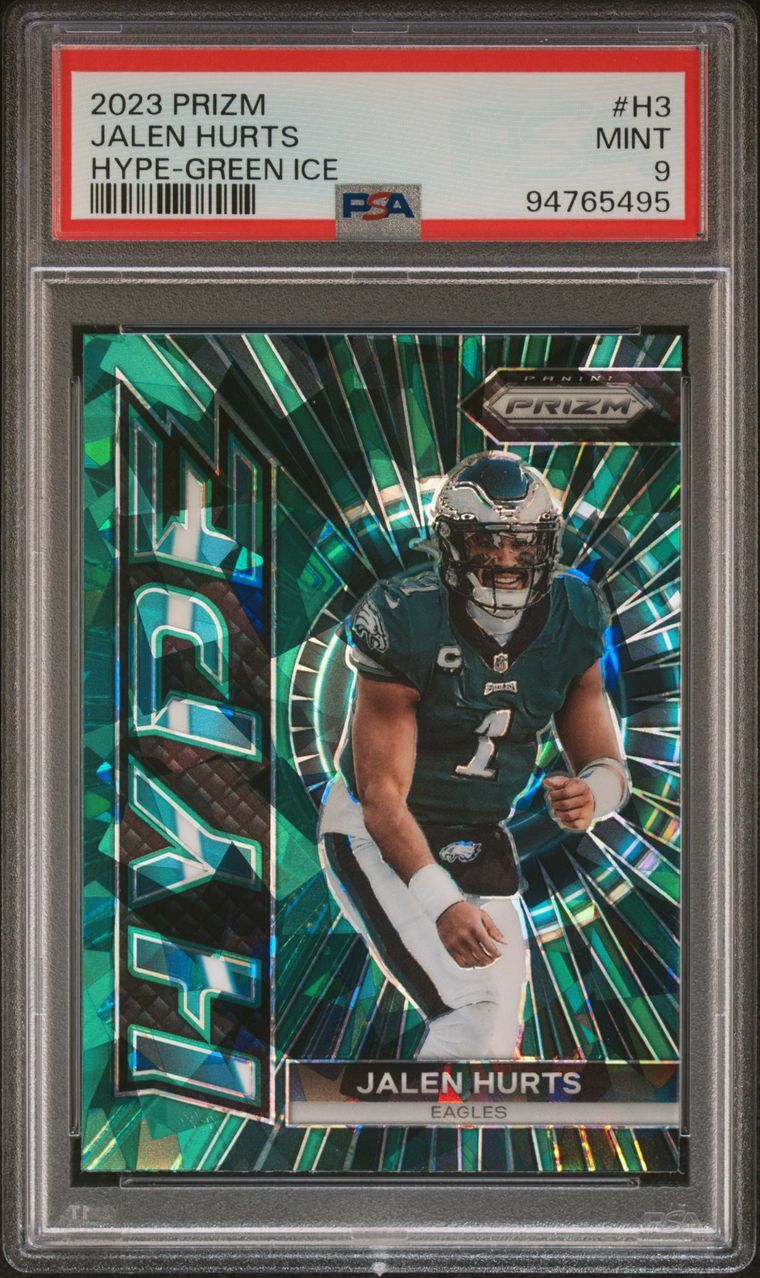 2023 Panini Prizm #H3 Jalen Hurts Hype Green Ice PSA 9