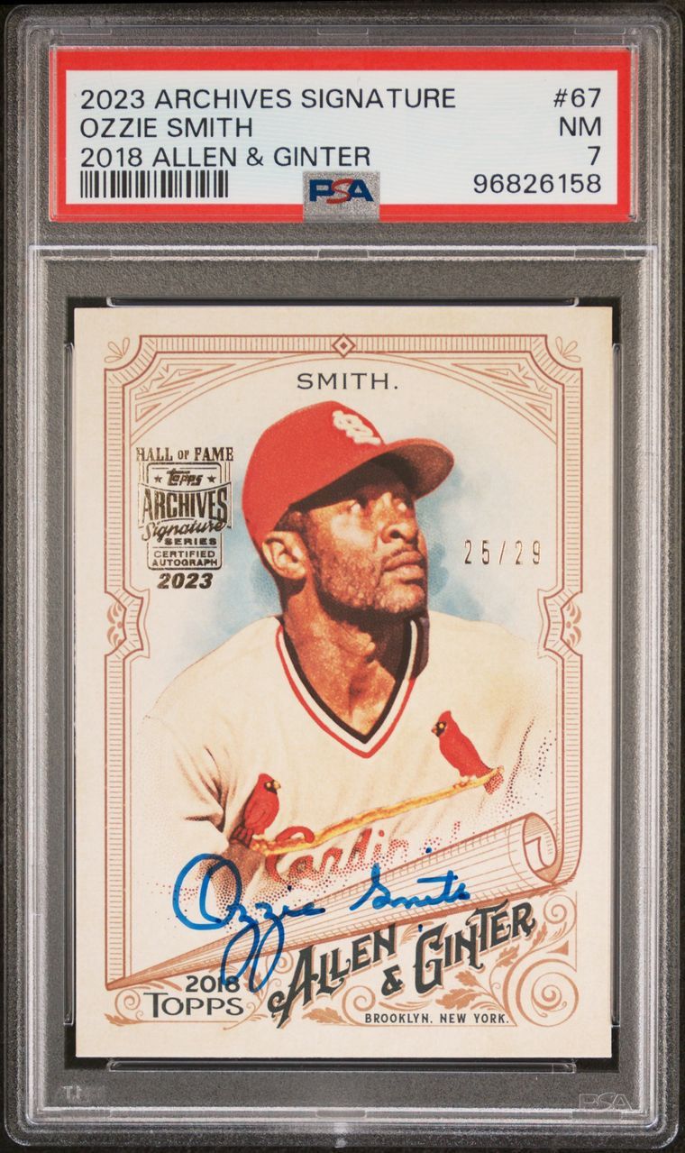 2023 Topps Archives Signature #67 Ozzie Smith 25/29 2018 Allen &amp; Ginter PSA 8