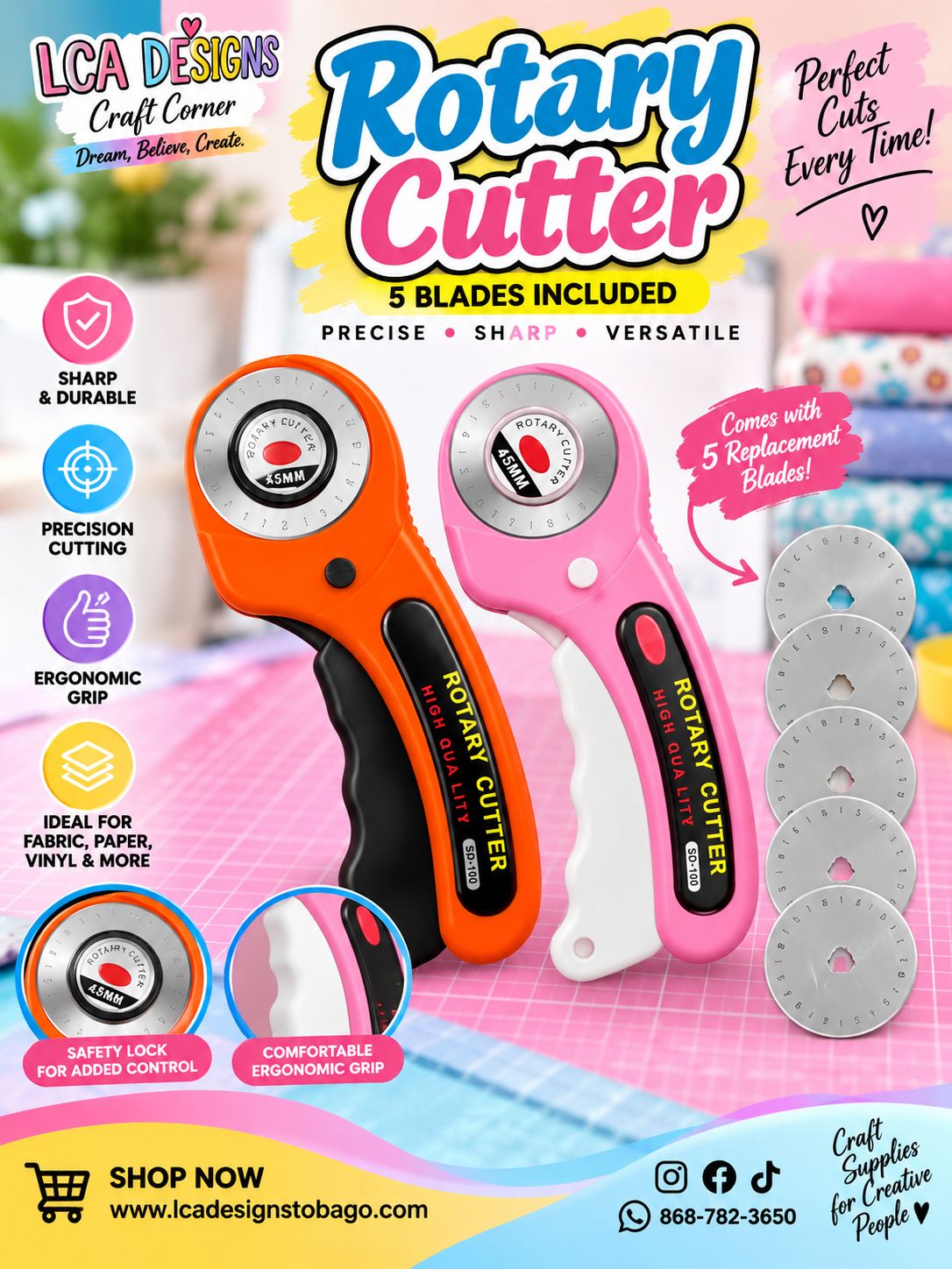 45mm Rotary Cutter with 5 Replacement Blades – Fabric &amp; Craft Cutting Tool
