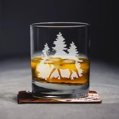 Moose In Trees Whiskey Rocks Glass