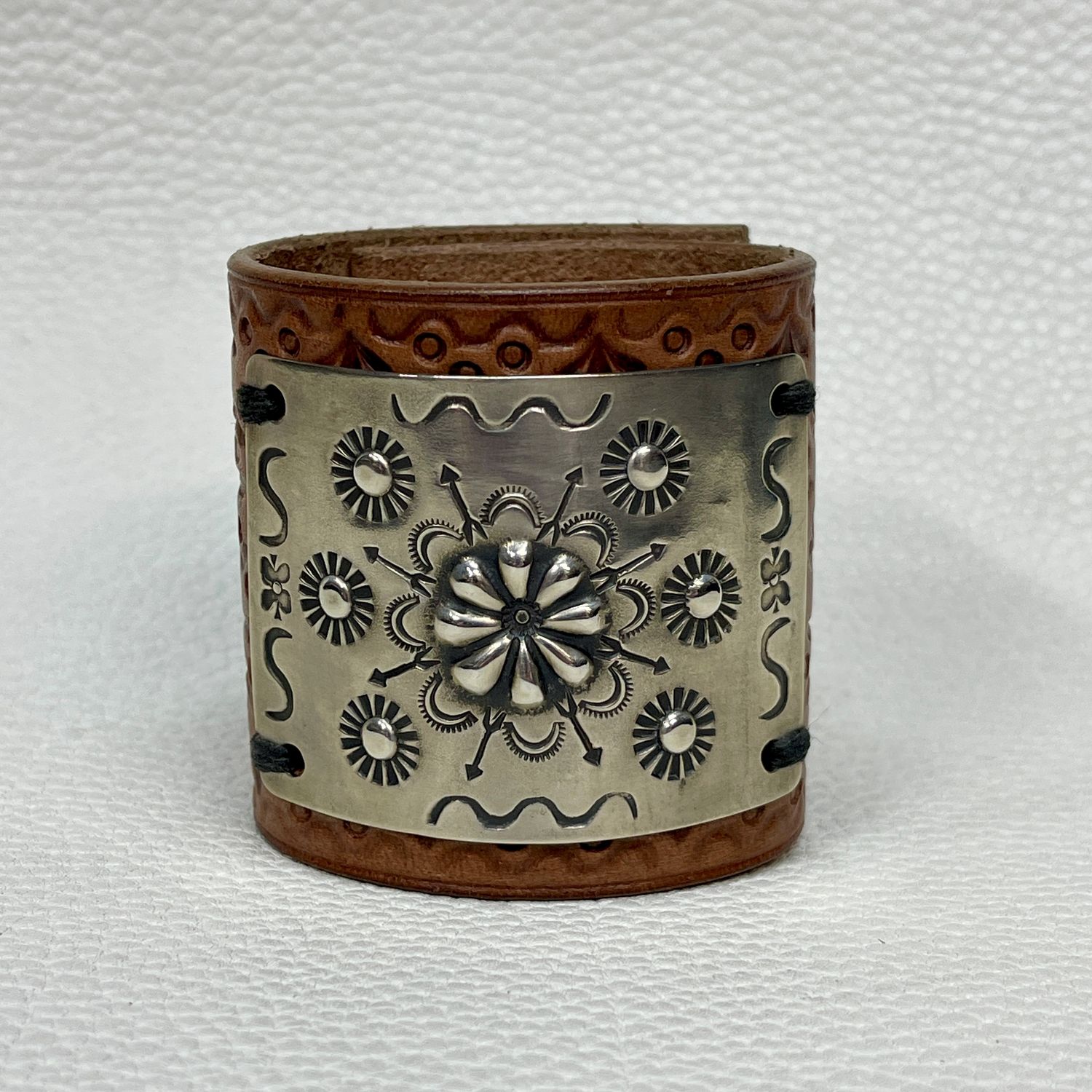 Hand-Stamped Sterling Silver Leather Cuff