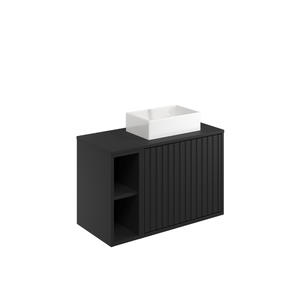 Ember 800 Cabinet with Fluted Door &amp; Side Storage Matt Black (incl basin)