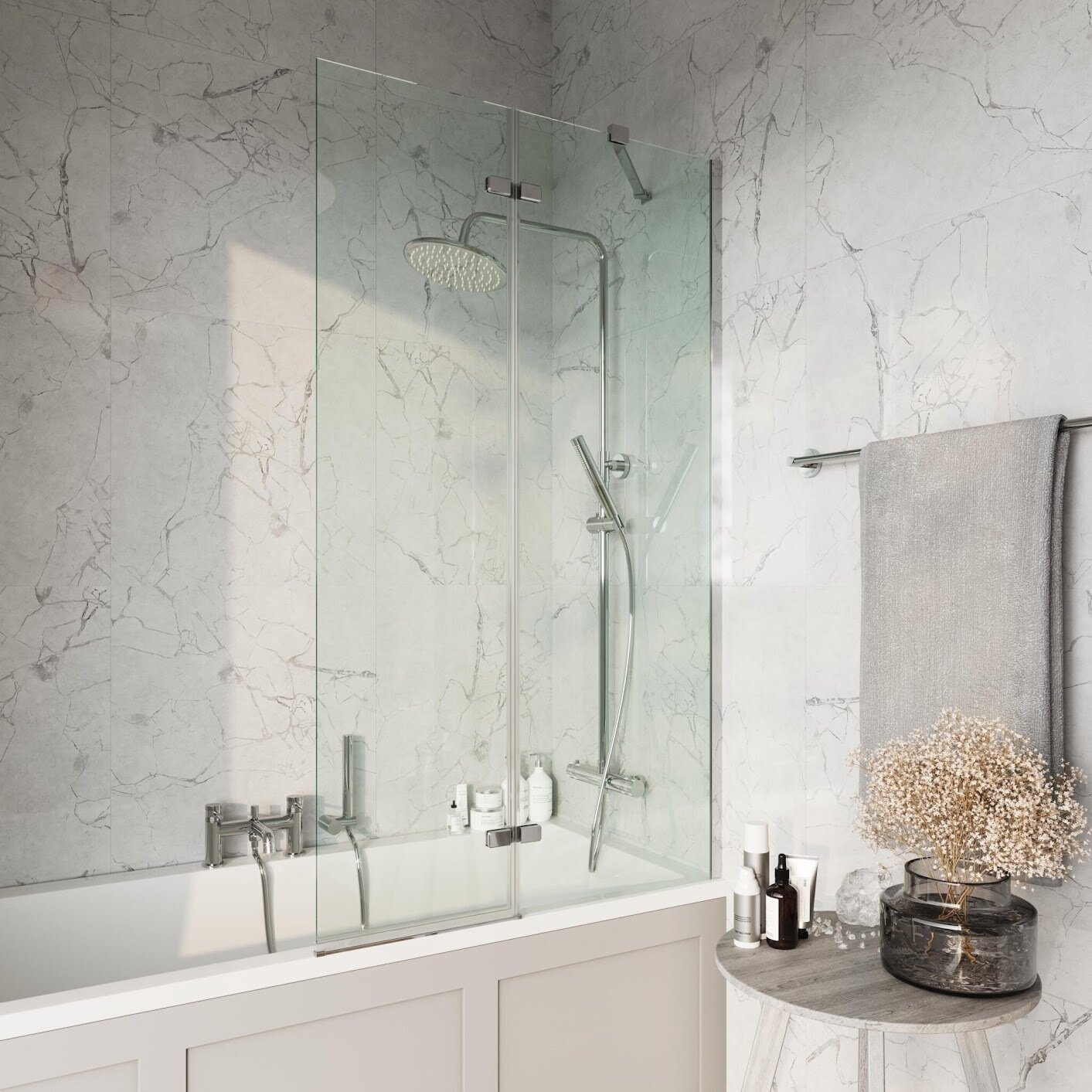 Chrome Square 900mm Pivot Bath Screen (inl fixed panel)