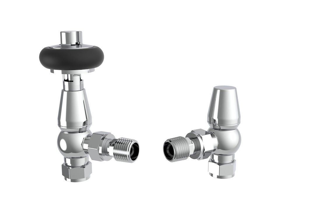 Caerleon Wooden Head Angle TRV Rad Valves - Chrome