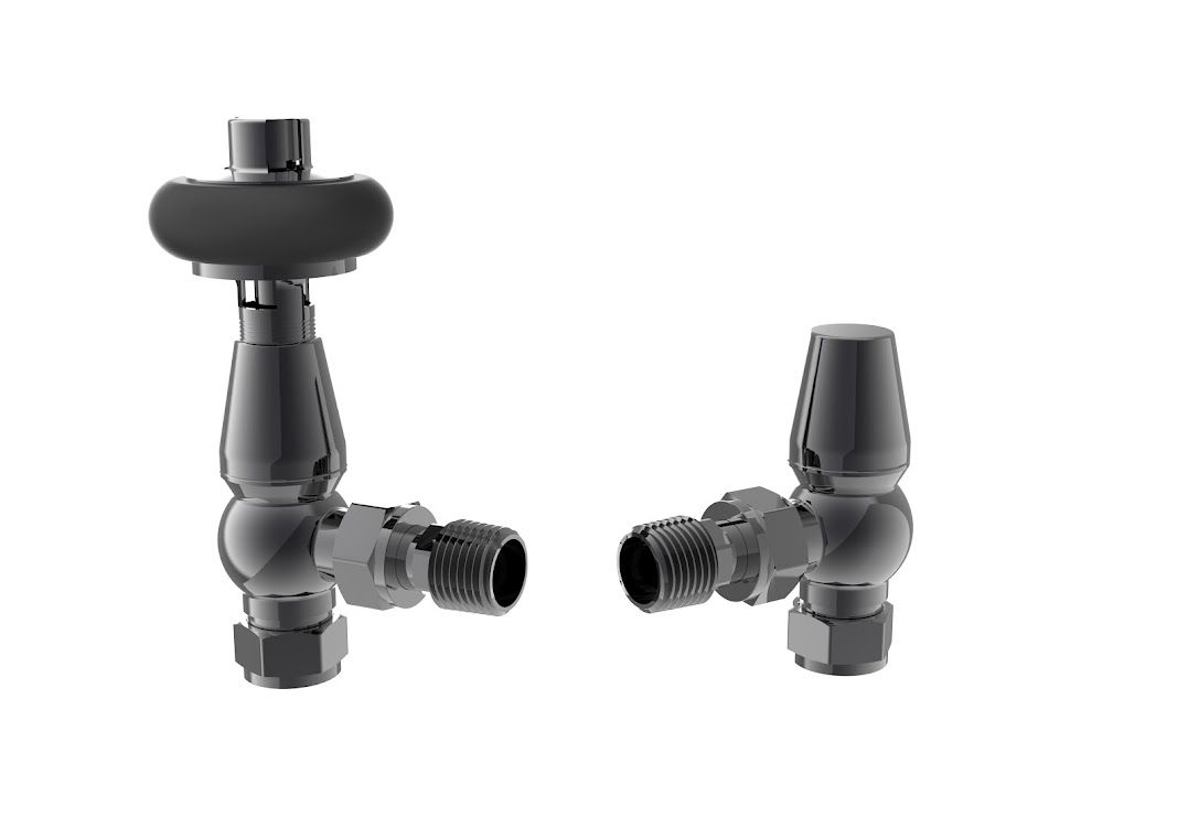 Caerleon Wooden Head Angle TRV Rad Valves - Black Nickel