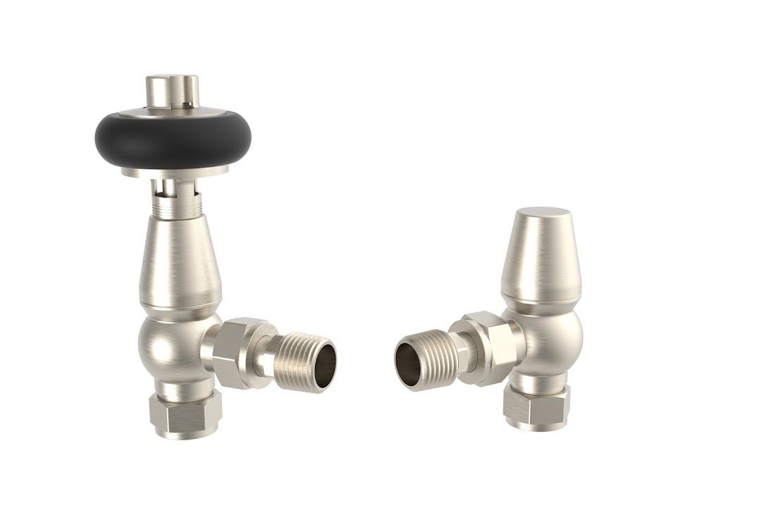 Caerleon Wooden Head Angle TRV Rad Valves - Satin Nickel