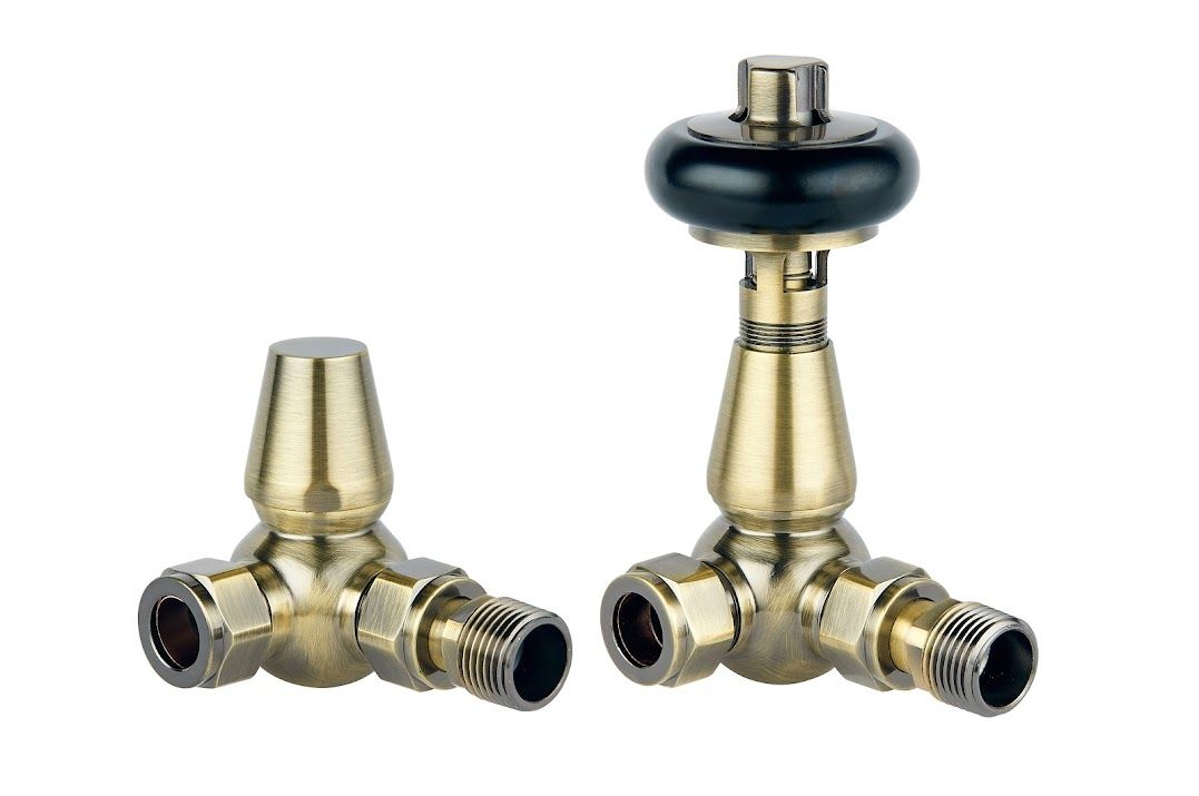Caerleon Wooden Head Corner TRV Rad Valves - Antique Brass