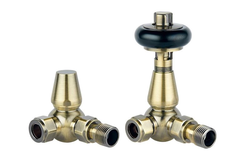 Caerleon Wooden Head Corner TRV Rad Valves - Antique Brass