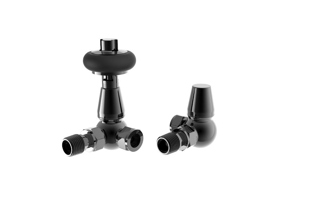 Caerleon Wooden Head Corner TRV Rad Valves -  Black Nickel