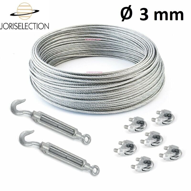 SET Câble acier galvanisé 6x7 3mm + 6 serre-câbles étrie et 2 tendeurs a cage crochet-oeil