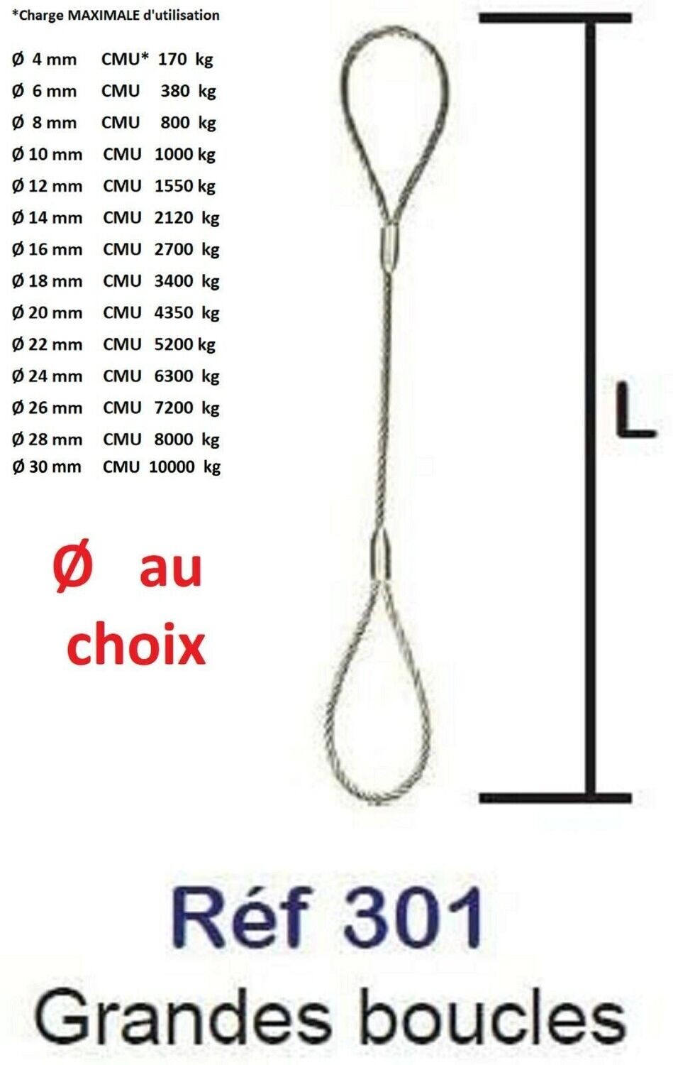 Elingue câble en acier galvanisé de Ø 4 à Ø 30 mm GRANDE BOUCLE REF 301 Prix POUR 1 Mètre
