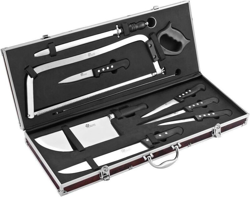 Valise du Boucher 9 Pièces, Argent, Noir  Pradel Excellence - K50406 - COUTEAUX  SCIE FEUILLE DE BOUCHER  AIGUISEUR ...