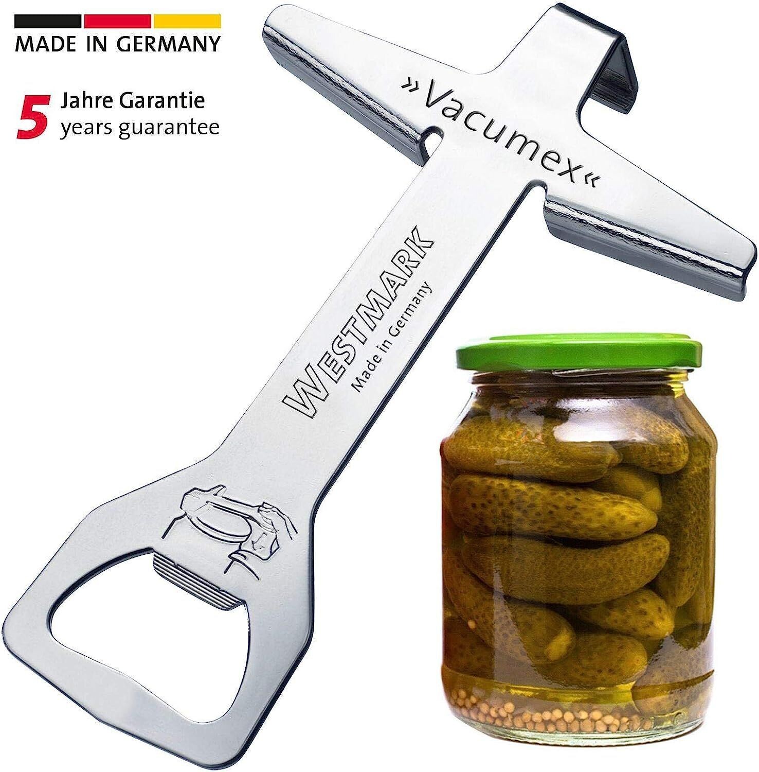 Westmark Ouvre-Bocal avec Décapsuleur, Longueur : 13,1cm, Acier, Chromé, Vacumex, Argent, 10562270